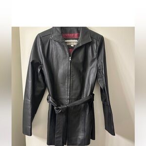Vintage Worthington Black Leather Belted Zip Jacket Matrix Y2K Trench Coat M